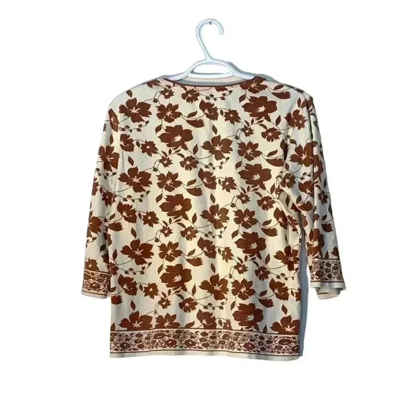 Attitude  Cream w/ Brown Flowers top, 3/4 sleeves, Size Small - Picture 2 of 6